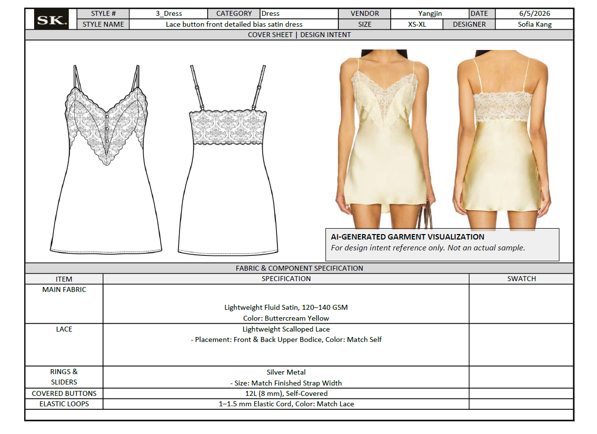 Tech pack cover sheet for a lace button-front bias satin dress, showing front and back technical flats alongside the fabric and component specification.
