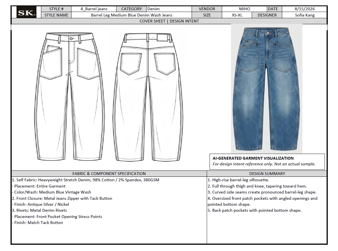 Tech pack cover sheet for barrel leg jeans, showing front and back technical flats with the fabric and component specification and design summary.