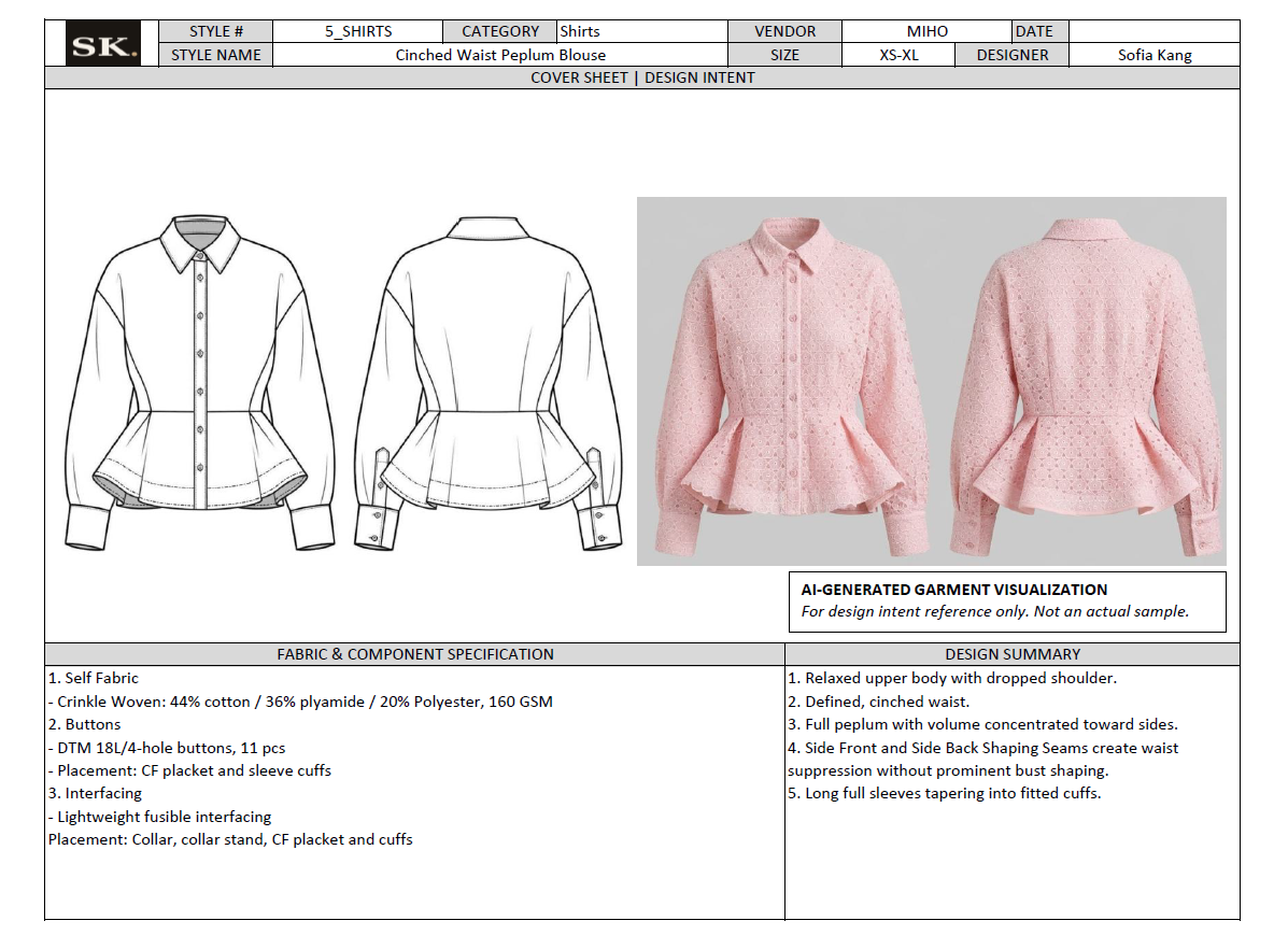 Tech pack cover sheet for a cinched waist peplum blouse, showing front and back technical flats with the fabric and component specification and design summary.