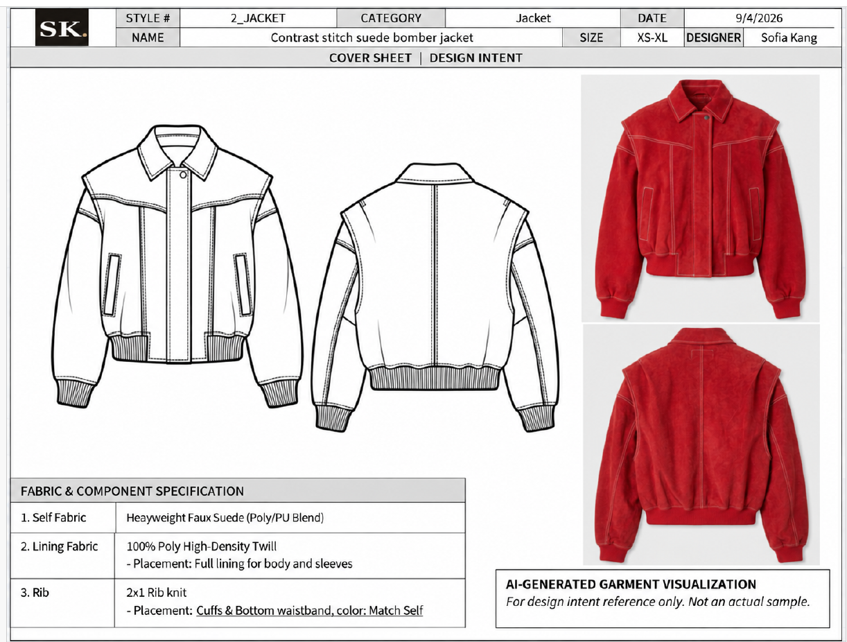 Tech pack cover sheet for a contrast stitch suede bomber jacket, representing a portfolio of factory-ready tech packs.