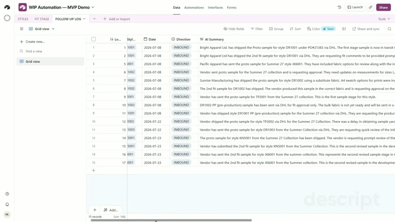 A follow-up log table listing style numbers, dates, direction, and a written summary of each vendor message.