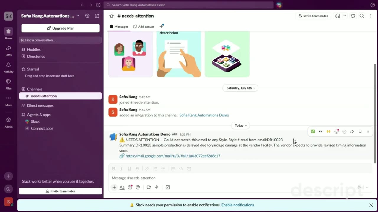 A team chat channel named needs-attention showing an automated alert that an email could not be matched to a style, with a summary of the reported delay.